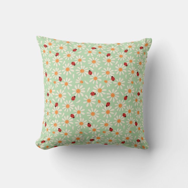 Spring Ladybugs and Daisies Throw Pillow (Front)