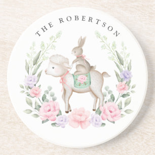 Spring Lamb & Bunny Rabbit Lilac Blush Easter Coaster