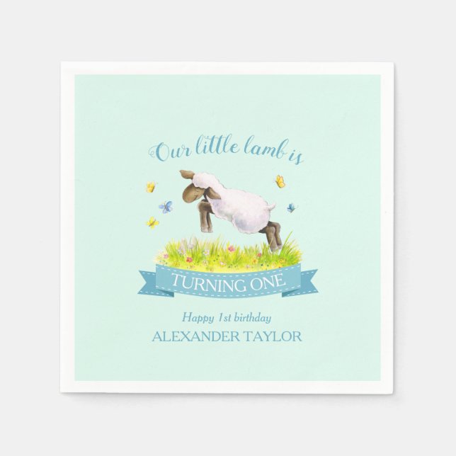 Spring lamb skipping cute 1st birthday napkin (Front)