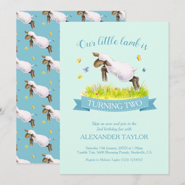 Spring lamb skipping cute 2nd birthday invitations (Front/Back)