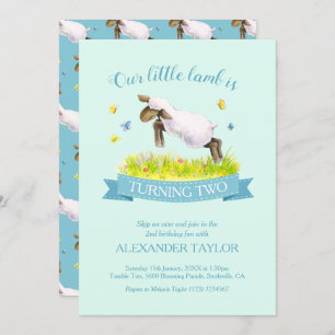 Spring lamb skipping cute 2nd birthday invitations
