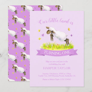 Spring lamb skipping cute purple 1st birthday invitation
