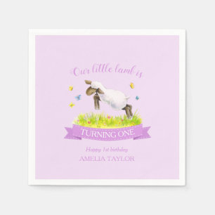 Spring lamb skipping cute purple 1st birthday napkin