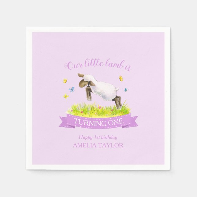 Spring lamb skipping cute purple 1st birthday napkin (Front)