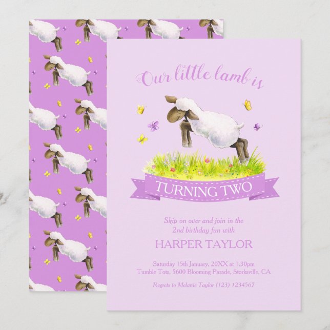 Spring lamb skipping cute purple 2nd birthday invitation (Front/Back)