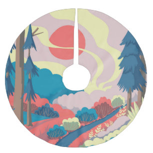 Spring Landscape: Colourful Vintage Scenery Brushed Polyester Tree Skirt