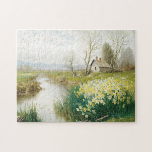 Spring Landscape House Stream Daffodil Flower Jigsaw Puzzle