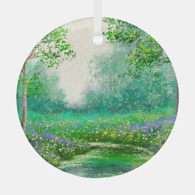 Spring landscape oil painting, forest. glass ornament (Front)