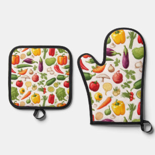 Spring leafy garden vegetables pattern oven mitt & pot holder set