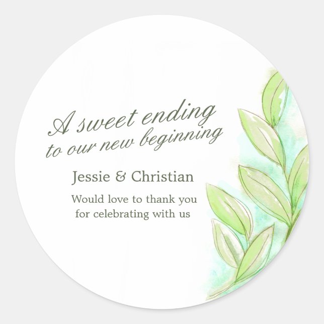 Spring leaves watercolor wedding candy stickers (Front)