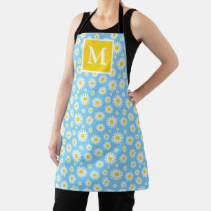 Spring Light Blue & White Daisies Monogram Apron