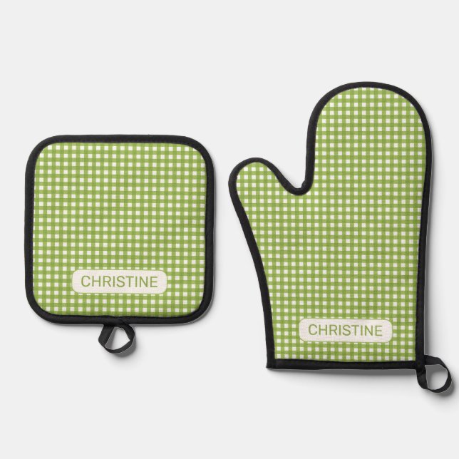 Spring light green gingham oven mitt & pot holder set (Front)
