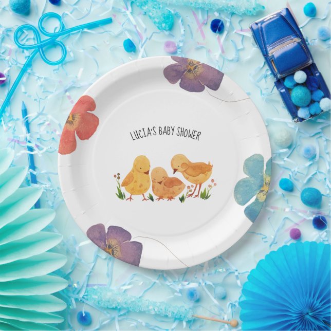 Spring Little Chicken Floral Baby Shower Paper Plate (Party)