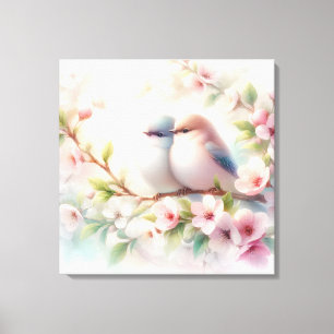 Spring Love Birds Cherry Blossom Floral Canvas Print