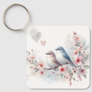 Spring Love Birds Cherry Blossom Floral Keychain