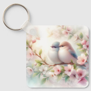 Spring Love Birds Cherry Blossom Floral Keychain