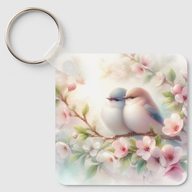 Spring Love Birds Cherry Blossom Floral Keychain (Front)