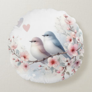Spring Love Birds Cherry Blossom Floral Round Pillow