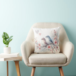 Spring Love Birds Cherry Blossom Floral Throw Pillow