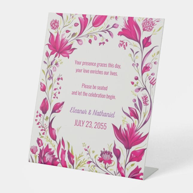 Spring Magenta Garden Floral Wedding Pedestal Sign (Front)