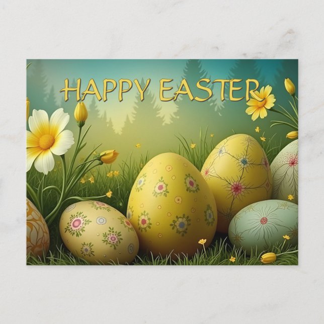 Spring Magic with Easter Eggs in a Sea of Flowers Holiday Postcard (Front)