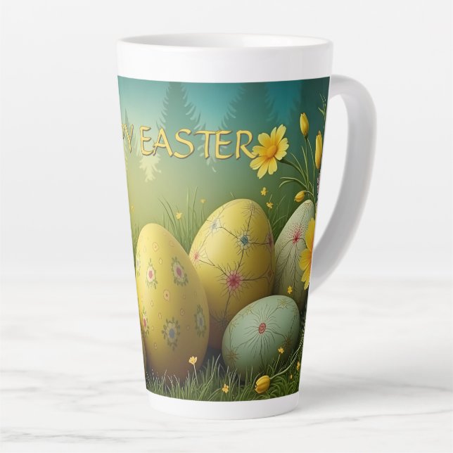 Spring Magic with Easter Eggs in a Sea of Flowers Latte Mug (Right Angle)