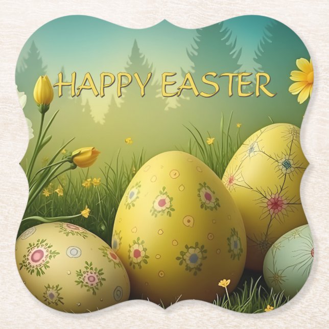 Spring Magic with Easter Eggs in a Sea of Flowers Paper Coaster (Front)
