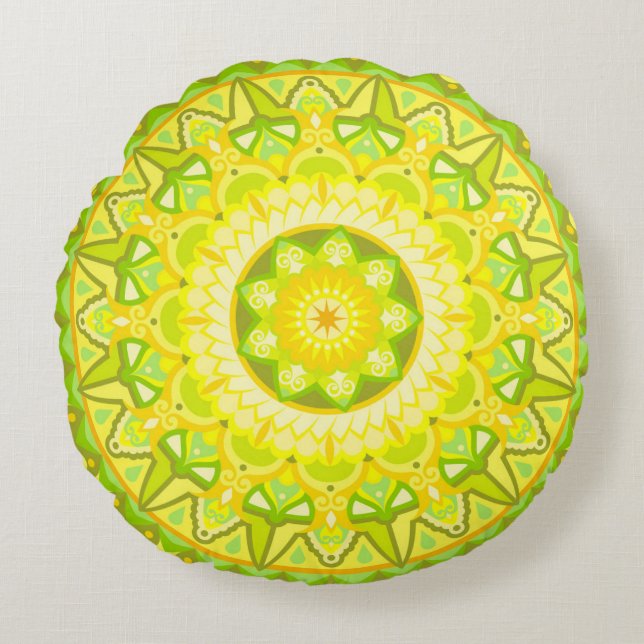 Spring Mandala Green Yellow Boho Floral Round Pillow (Front)