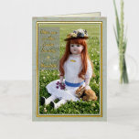 Spring Meadow Antique Doll Foil Card<br><div class="desc">An antique German doll circa 1890s from my personal collection, and her pet rabbit Elvis Parsley, send your heartfelt greetings with front text and your recipient's name in real gold foil to a special little girl, friend, perhaps a vintage/antique dolls admirer or collector. All text is fully customizable so you...</div>