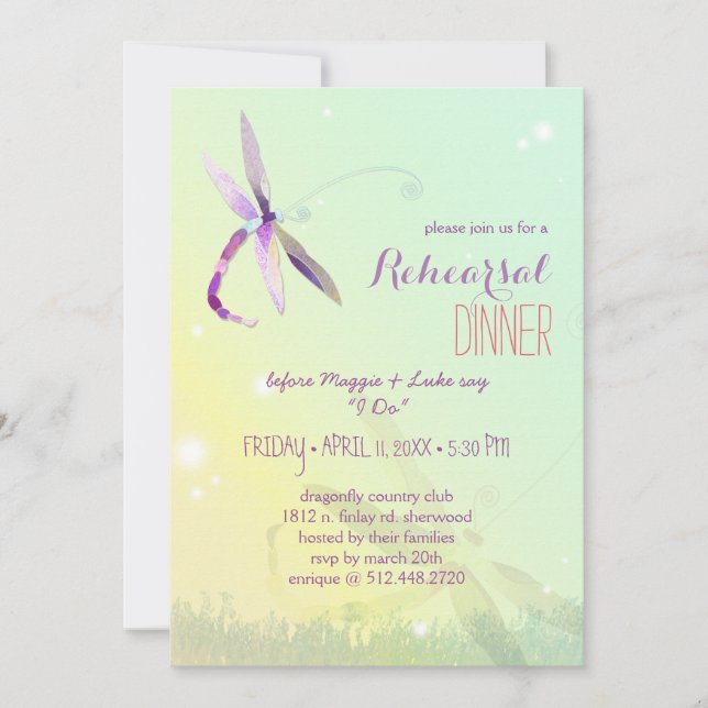 Spring Meadow Dragonfly Wedding Rehearsal Dinner Invitation (Front)