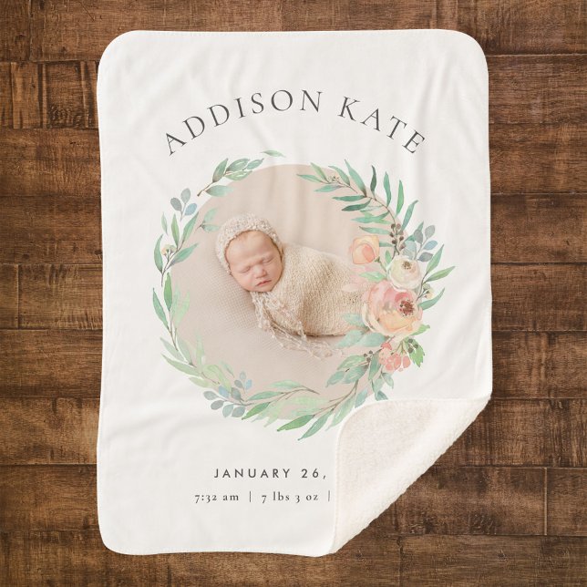 Spring Meadow Floral Baby Photo Birth Stats Sherpa Blanket (Creator Uploaded)