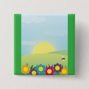 Spring Meadow Sunburst with Colorful Flowers 2 Inch Square Button