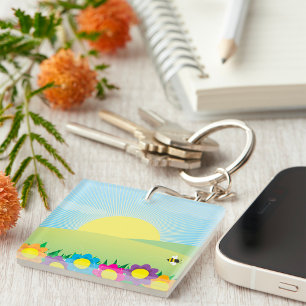 Spring Meadow Sunburst with Colourful Flowers Keychain