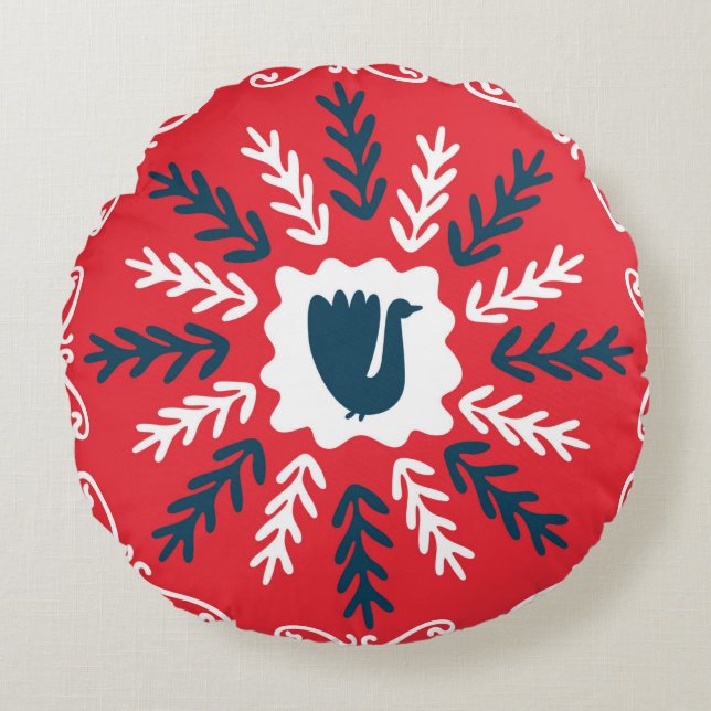 Spring, Merry Christmas folk doodle art square til Round Pillow (Front)