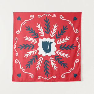Spring, Merry Christmas folk doodle art square til Tapestry