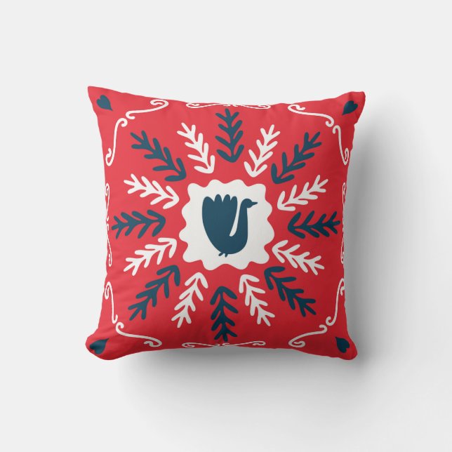 Spring, Merry Christmas folk doodle art square til Throw Pillow (Front)