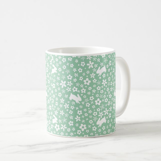 Spring Mint Green Floral Bunny Coffee Mug (Front Right)