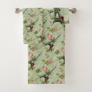 spring mint pink floral french paris eiffel tower bath towel set