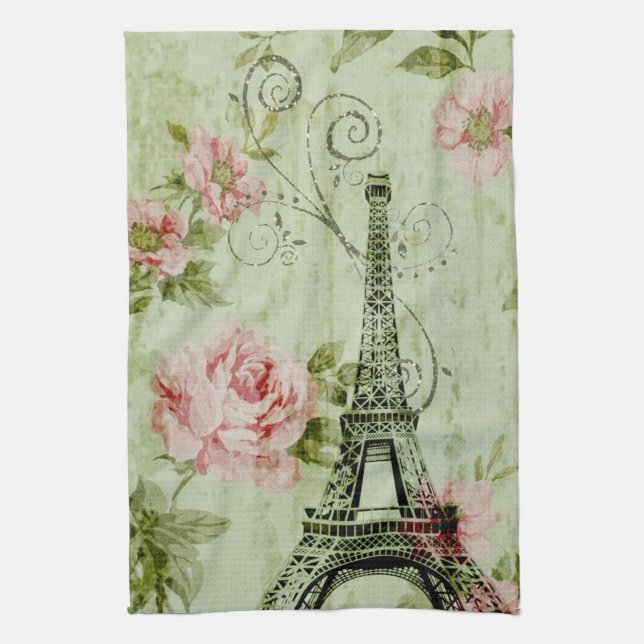spring mint pink floral french paris eiffel tower kitchen towel (Vertical)