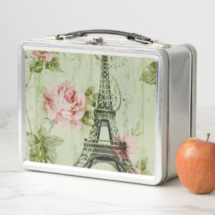 spring mint pink floral french paris eiffel tower metal lunch box