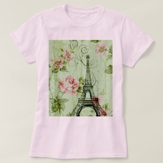 spring mint pink floral french paris eiffel tower T-Shirt (Design Front)