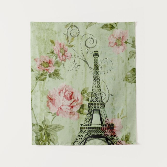 spring mint pink floral french paris eiffel tower tapestry (Front)
