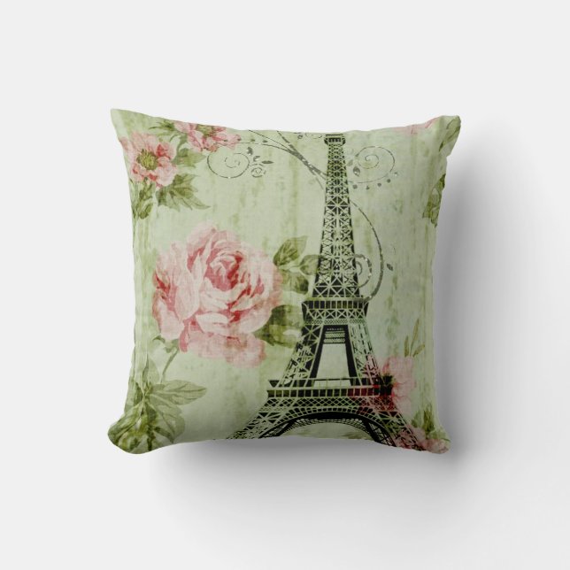 spring mint pink floral french paris eiffel tower throw pillow (Front)