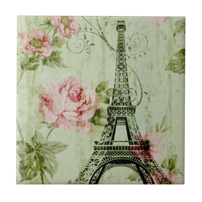 spring mint pink floral french paris eiffel tower tile (Front)