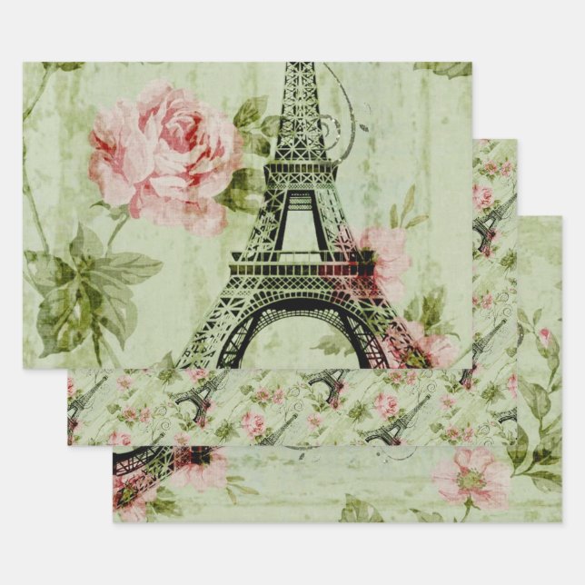 spring mint pink floral french paris eiffel tower wrapping paper sheet (Set)