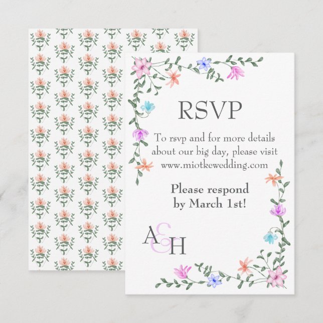 Spring Mix Pink, Purple, Peach Rose Wedding RSVP Card (Front/Back)