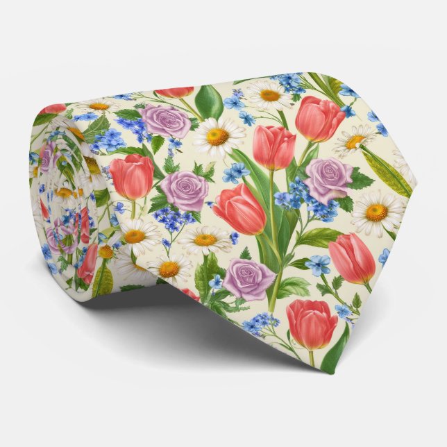 Spring Mixed Bouquet Floral Pattern Tie (Rolled)