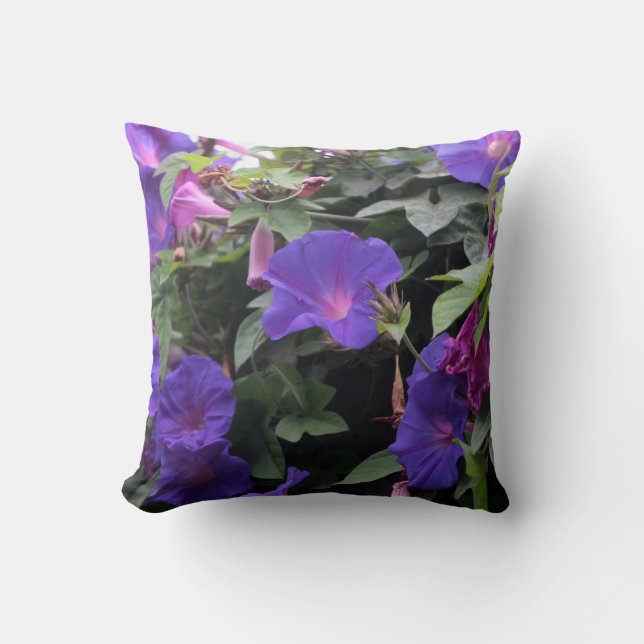Spring Morning Glories in Blue Throw Pillow (Front)