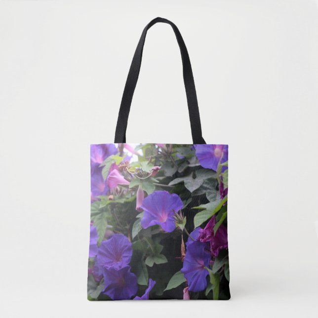 Spring Morning Glories in Blue Tote Bag (Front)
