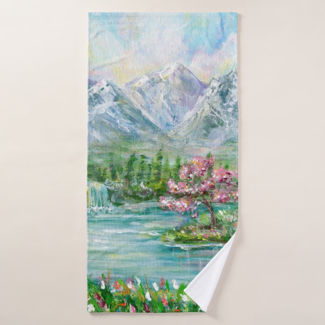 Spring mountain landscape. Original acrylic hand p Bath Towel (Bath Towel)